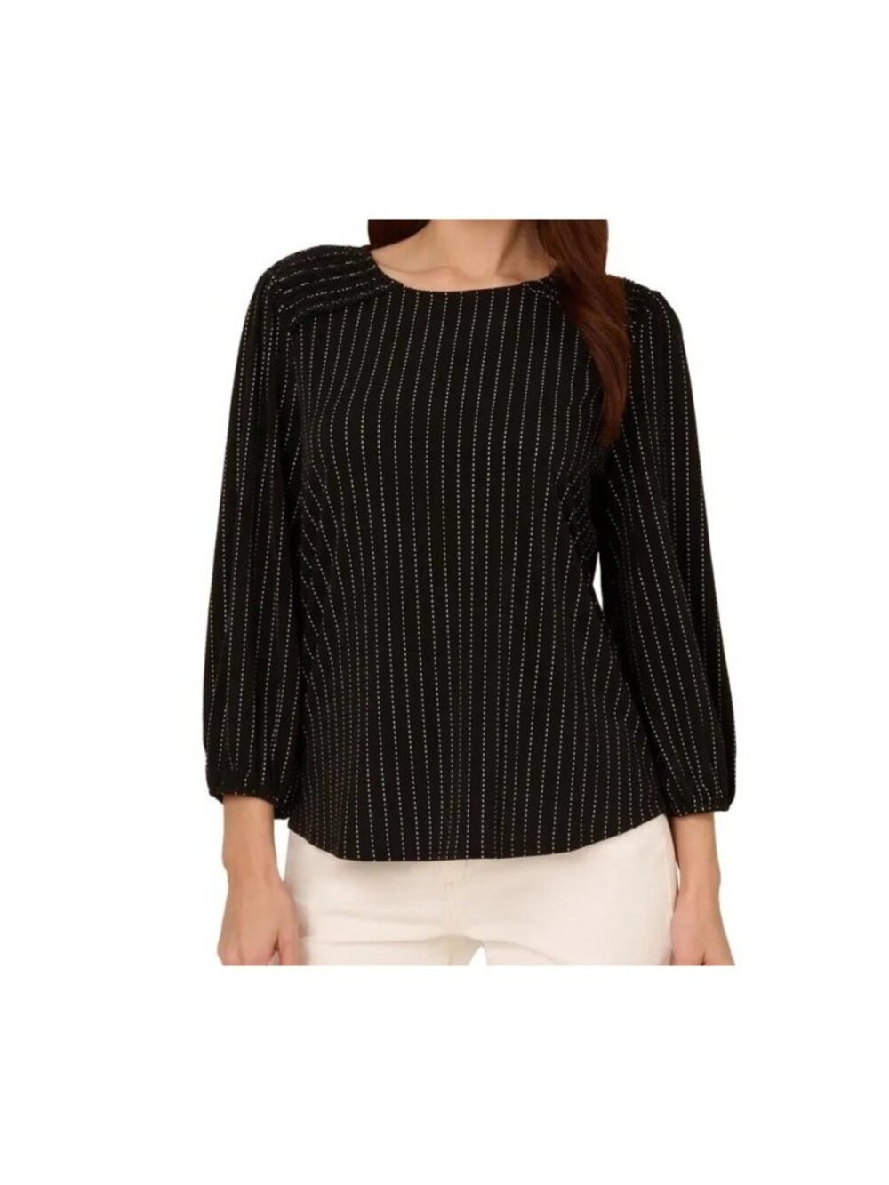 NWT Adrianna Papell Women's S Black Blouse Striped 3/4 Sleeve Keyhole Back M1329 - Picture 1 of 9